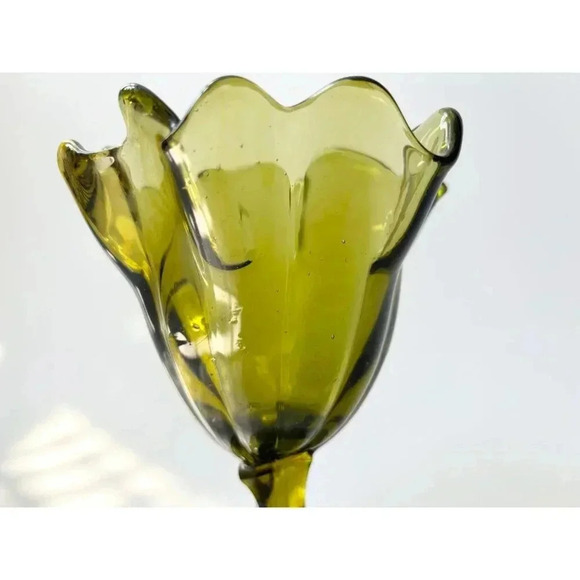 MCM Avocado Green Ruffled Blown Glass Pedestal Compote Candy Dish | Bowl - Picture 6 of 10